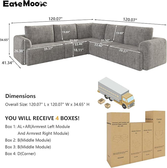 EASE MOOSE Cloud Couch Sectional Sofa, Large L-Shaped Oversized Modular Couch for Living Room, Minimalist Boneless Convertible Couches, 5-Seat Deep Sofas for Bedroom, Chenille (Light Grey)