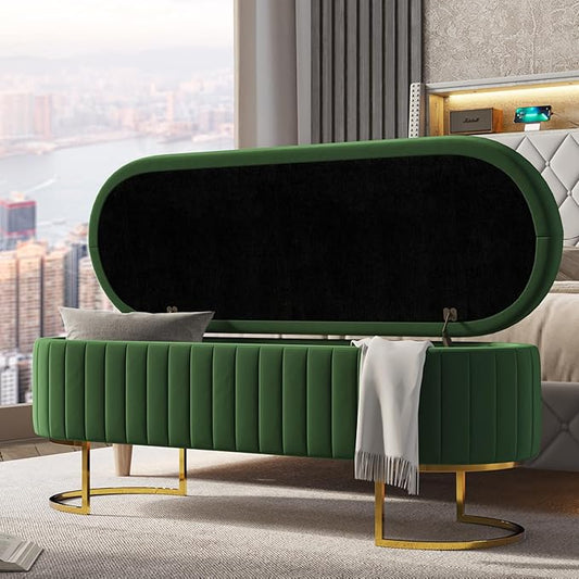 EcoHarbor Living 50.5" Velvet Bedroom Storage Bench Ottoman, Upholstered End of Bed Bench with Gold Legs,Entryway Footrest Seat