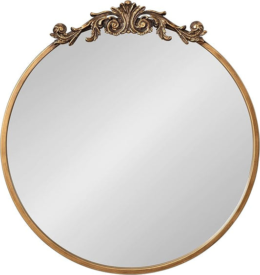 Kate and Laurel Arendahl Ornate Glam Round Mirror; 24 Inch Diameter; Gold; Dramatic Baroque Style Wall Mirror for Vintage Antique Inspired Home Decor Aesthetic