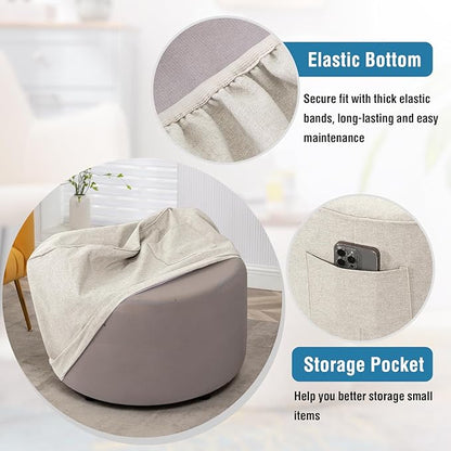 H.VERSAILTEX Ottoman Cover Round Thick Linen Look Ottoman Slipcover Round Ottoman Storage Cover Folding Stool Covers Furniture Protector Cover for Footrest Ottoman Fit Dia 36" - 38", Heather Ivory