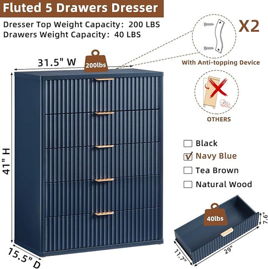 LEYAOYAO Fluted 5 Drawers Dresser Set of 2, 41" Tall Modern Chest of Drawers with Metal Handle, Curved Profile Dresser TV Stand, Wooden Drawer Organizer for Bedroom, Living Room, Hallway, Navy Blue