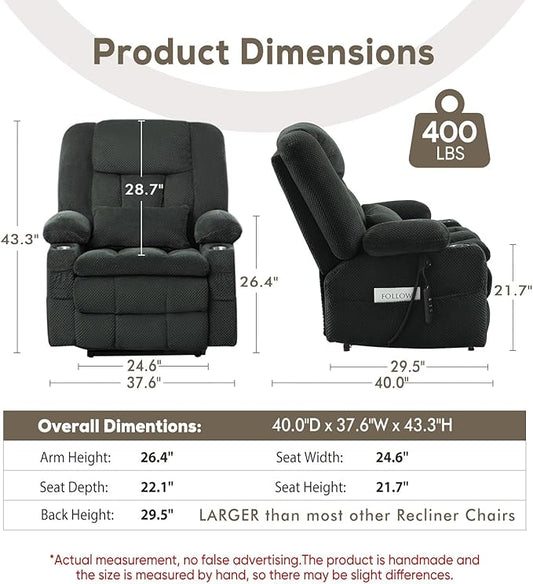 ABCASA Oversized Dual Motor Lay Flat Power Lift Recliner Chair, Massage Recliner Chairs with Heat, Lumbar Pillow, USB & Type-C Ports, Oversized Recliner for Big & Elderly People for Living Room - Grey