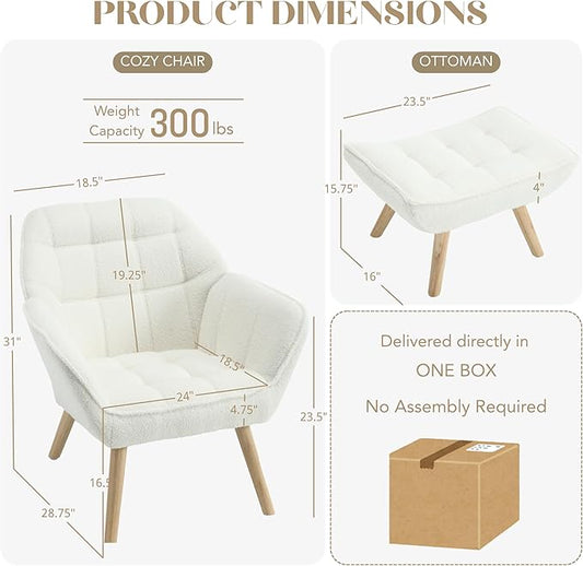 Small Accent Chair with Ottoman, Sherpa Upholstered Lounge Chair with Footrest, Comfy Reading Armchair with Wood Legs for Living Room Bedroom, White