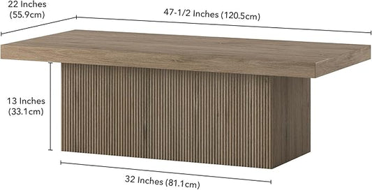Henn&Hart 48" Fluted Low-Profile Coffee Table with Solid Base for Living Room, Family Room, or Office, Antiqued Gray Oak