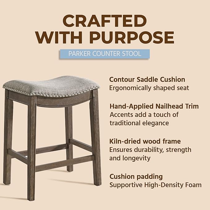 ROME + OAK Set of 3 Parker 26 Inch Counter Stool, Backless Saddle Kitchen Barstool in Walnut Finish with Grey Fabric Upholstery Cushion Seat