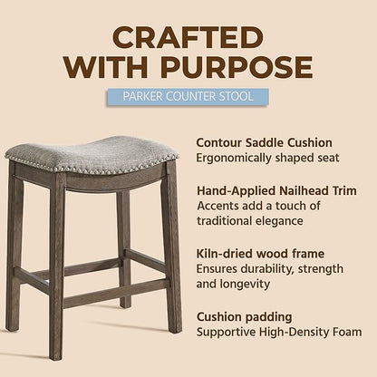 ROME + OAK Parker 26 Inch Counter Stool, Backless Saddle Kitchen Barstool in Walnut Finish with Grey Fabric Upholstery Cushion Seat