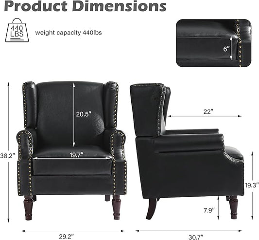UIXE Faux Leather High Back Accent Chairs Set of 2, Upholstered Armchair for Living Room, Retro Wingback Arm Chair Nailhead Trim Single Sofa Bedroom Reading Seat with Solid Wood Legs - Black