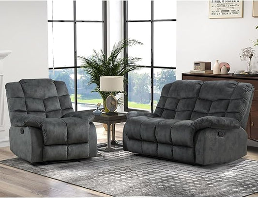 CANMOV Manual Reclining Sofa Set,2 Pieces Sofa Furniture Set for Living Room, Manual Recliner Chair and Recliner Loveseat with Arms for Living Room, Bedroom, Grey(1+2)