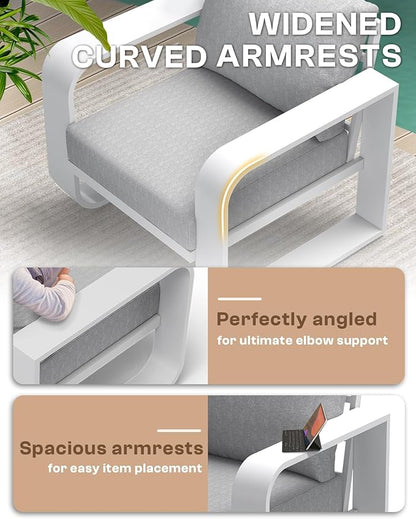 Aluminum Outdoor Patio Furniture Set 5 Piece, Oversized Patio Conversation Sets Widened Armrest & Ultra-Thick Cushions, Deep Seating Modern Sectional Furniture for Backyard, Porch, White