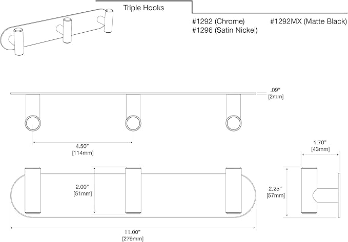 Gatco 1296, Modern Decor Wall Hook. Coat Hat Towel Robe hook. For Enteryway, Living, Kitchen, Bathroom, Bedroom. 3-hook, Sturdy Satin Nickel on Premium Brass.
