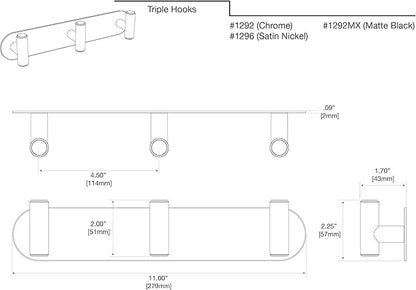 Gatco 1296, Modern Decor Wall Hook. Coat Hat Towel Robe hook. For Enteryway, Living, Kitchen, Bathroom, Bedroom. 3-hook, Sturdy Satin Nickel on Premium Brass.