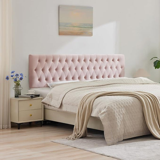 Kingfun Tufted Upholstered Queen Size Bed Headboard in Modern Button Design, Adjustable Solid Wood Head Board, Premium Velvet Fabric Padded Headboards in Bedroom (Pink)