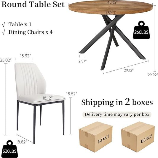 45.3'' Walnut Round Dining Table Set for 4, Mid Century Modern Small Coffee Set for Dining Room Kitchen Apartment (Light Walnut + 4 White Chairs)