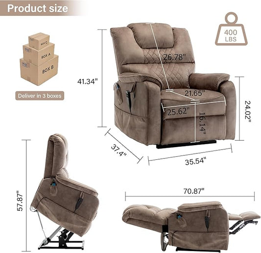Power Lift Recliner Chair Recliners for Elderly,Lay Flat Velvet Tufted Recliner with Heat and Massage,Dual Motor Lounge Recliners for Living Room