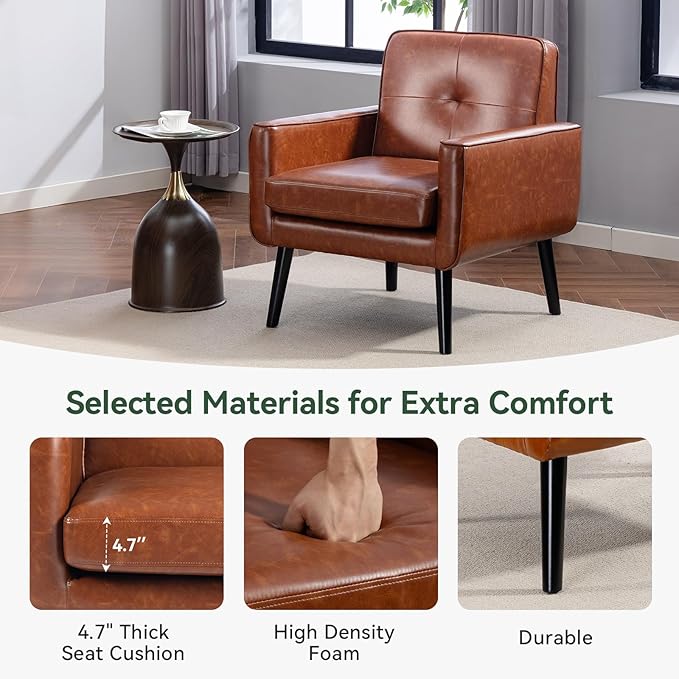 Mid Century Accent Chair, PU Leather Modern Chair with Wooden Frame, Cozy Armchair Reading Chair with Comfy Back for Apartment, Living Room, Bedroom, Waiting Room, Small Space, Corner, Brown