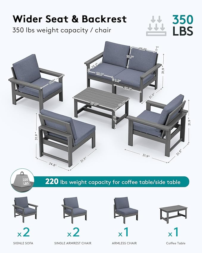 SERWALL HDPE Patio Conversation Set, 6-Piece Sectional Outdoor Furniture Set, All Weather Outdoor Couch Set Patio Furniture Set for Deck, Lawn, Grey Frame with Grey Cushion