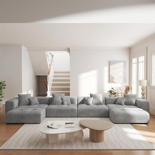 JACH 183.5 Inch U-Shaped Modular Sectional Sofas, Modern 4-Seater Couch with Chaise Ottomans, Mid Century Modern Sectional Couches, Cozy Sleeper Sofa for Living Room (Linen Fabric, Grey)