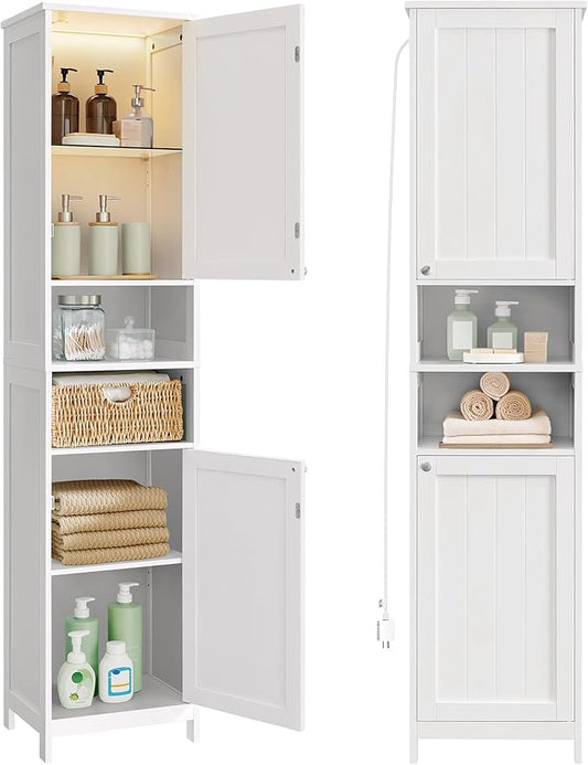 VASAGLE Tall Storage Cabinet with Lights, Slim Freestanding Cabinet with Adjustable Shelves, for Small Spaces, Bathroom, Living Room, Modern, 15.7 Inches Wide, Cloud White UBBC766W02