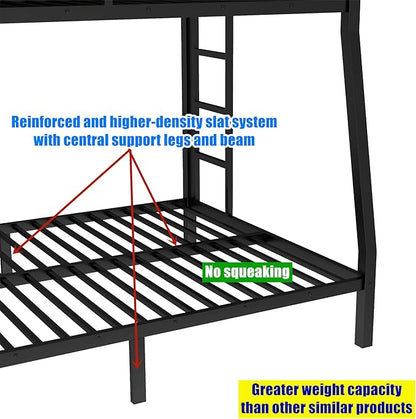 Higher Quality & Stronger Heavy Duty Industrial Style Metal Full XL Over Queen Bunk Bed, Thickened More Stable Black Steel Bunkbed Bunk Queen Bed (Easier to Assemble) (Full XL Over Queen)