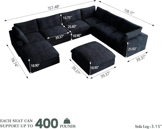Cloud Modular Sectional Sofa Couch, 8 Seater Oversized Couch, 157.4" U-Shaped Convertible Couches with 2 Ottomans, Deep Sofa Couches for Living Room, Washable & Replaceable Covers, Black