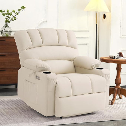 MCombo Power Lift Recliner Chair for Elderly, Lift Chair with Heat and Massage, Extra Wide Lift Recliner for Big People, Faux Leather R7096 (Medium-Wide, Cream White)