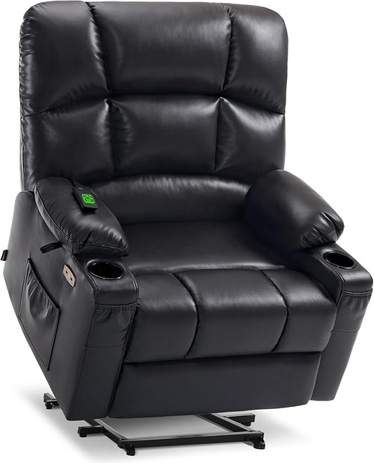 MCombo Oversized Dual Motor Power Lift Recliner Chair Sofa with Massage and Heat for Big Elderly People, Infinite Position, USB Ports, Faux Leather R7677 (Black, Medium-Oversize)