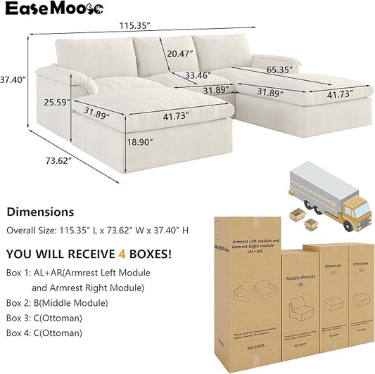 EASE MOOSE Oversized Cloud Couch Sectional Sofa, U-Shaped Modular Couch for Living Room, Minimalist Boneless Convertible Couches with Ottoman, 5-Seat Deep Sofas for Bedroom, Chenille (White)