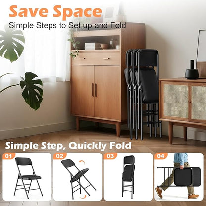 Commercial Grade Folding Chair with Padded Fabric Cushion（16"X16" |Double-hinged Legs Luxury Style|4.5kg Capacity Max Weight 150Kg for Home and Office,Indoor and Outdoor Events (2, PU-Black)