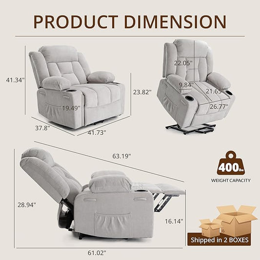 Dual Motor Power Lift Recliner for Elderly, Large Electric Lift Recliner with Massage and Heat, Cup Holders, Side Pocket, Fabric(Light Grey)