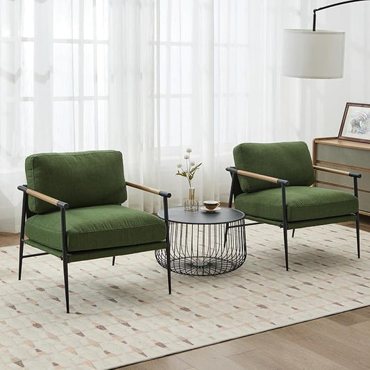 HEAH-YO Modern Accent Chairs Set of 2, Upholstered Linen Fabric Living Room Chairs with Backrests and Metal Legs, Comfy Reading Side Armchairs for Bedroom, Green