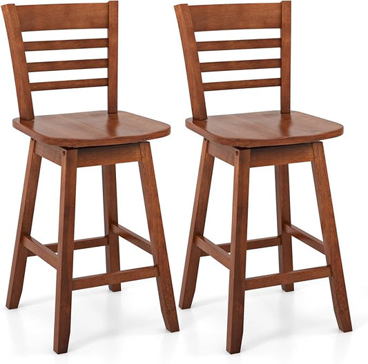 COSTWAY Bar Stools Set of 2, 24.5 Inch Swivel Counter Height Bar Chairs with Hollow Backrest & Contoured Seat, with Footrest for Kitchen Island, Pub, Bistro, Cafe (2, Walnut)
