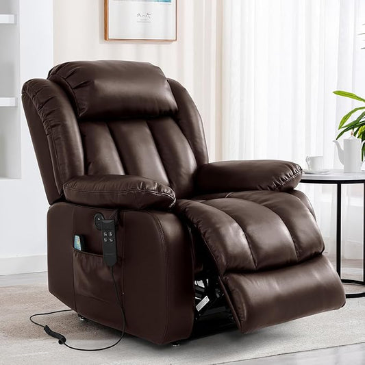 TEKAMON Dual Motor Power Lift Recliner Chair for Elderly, Breathable Leather Recliner with Heat & Massage, Lay Flat Sleeping Chairs with Infinite Position, Remote Control & USB Ports(Brown)