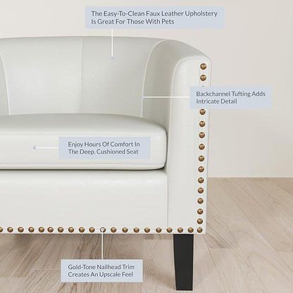 BELLEZE Accent Barrel Chair, Modern Tub Club Chair Upholstered Armchair for Living Room, Faux Leather Chair with Gold Nail Head Trim Black Legs - Kyara (White)