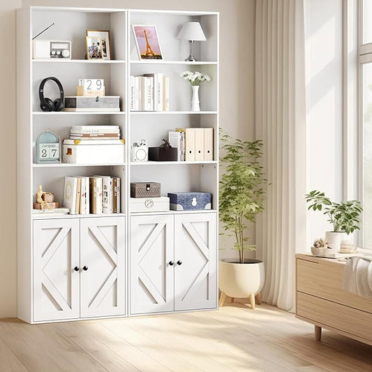 Bookshelf, 6-Tier Floor Bookcase with 2 Bottom Doors, 9.29"x23.62"x70.86", Storage Cabinet Bookshelves for Home Office, Living Room, Bedroom-White