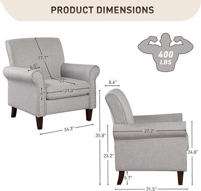 Prilinex Upholstered Living Room Chair Set of 3 - Large Comfy Fabric Accent Chair Single Sofa with Cushion, Rolled Armrest & Nailhead Trim, Mid Century Modern Armchair for Bedroom, Office, Grey