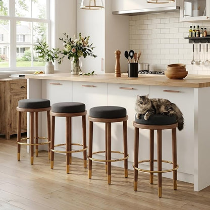 26’’ Rustic Backless Bar Stools with Hardwood Legs, Counter Height Stools Set of 4, Round Kitchen Barstools for Kitchen Island, Farmhouse Charcoal Linen Upholstered Wooden Stools with Footrest