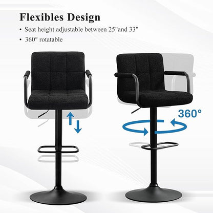 Furniliving Swivel Bar Stools Set of 4, Adjustable Kitchen Counter Height BarStools with Arms, Sherp Upholstered Bar Chair with Back and Footrest for Dining Room, Kitchen, Pub, Bar (Black)