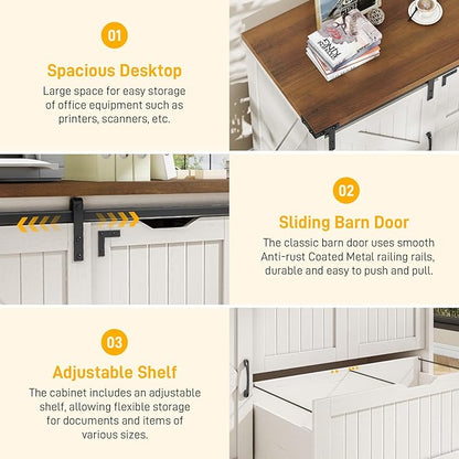 47.8” Farmhouse Lateral File Cabinet with Sliding Barn Door, 3 Drawers Filing Storage Cabinets with Adjustable Shelf, Office Printer Stand for Hanging Files Letter/Legal/F4/A4.