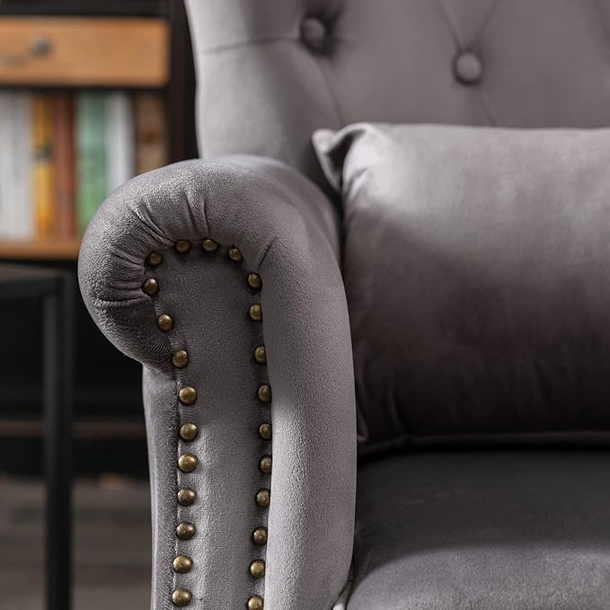 Accent Reading Arm Chairs for Living Room Bedroom, Midcentury Modern Comfy Corner Sofa Chair, Wingback Waiting Room Club Chair with Button Tufted Back &Lumbar Pillow, Velvet Grey