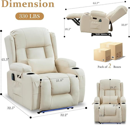 URRED Power Recliner Chair with Massage and Heat for Adults, Electric Reclining Sofa Home Theater Seating with Ambient Light, USB Ports, Cup Holders, Side Pockets, Pillow, Faux Leather (Beige)