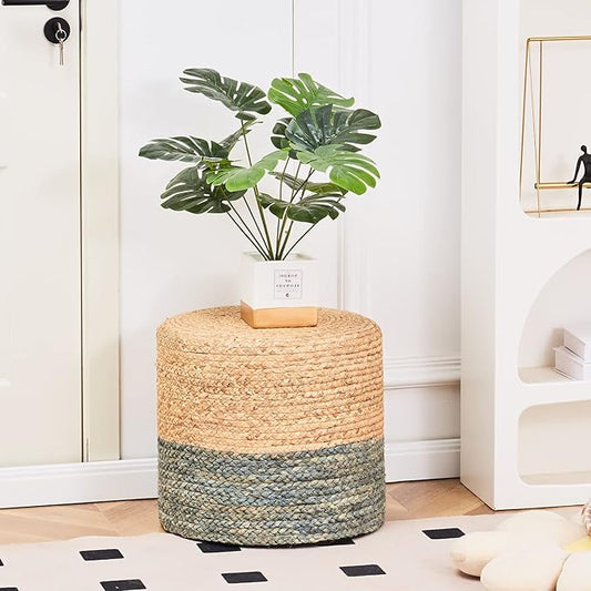 Wimarsbon Pouf Ottomans, Natural Seagrass Foot Stool, Hand Weaving Round Footrest, Poof Pouffe Accent Chair with Wood Frame for Living Room, Bedroom (68LE)