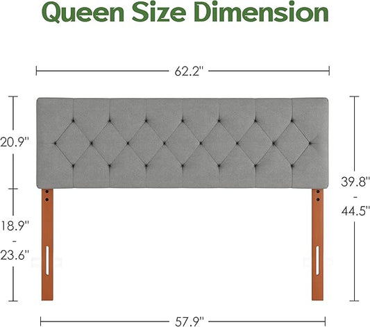 Queen Upholstered Headboard Only for Bed Frame from 49”-62”, Adjustable Height Queen XL Headboards with Durable Wood Legs, Fabric Bed Board in Modern Button Design, Light Grey
