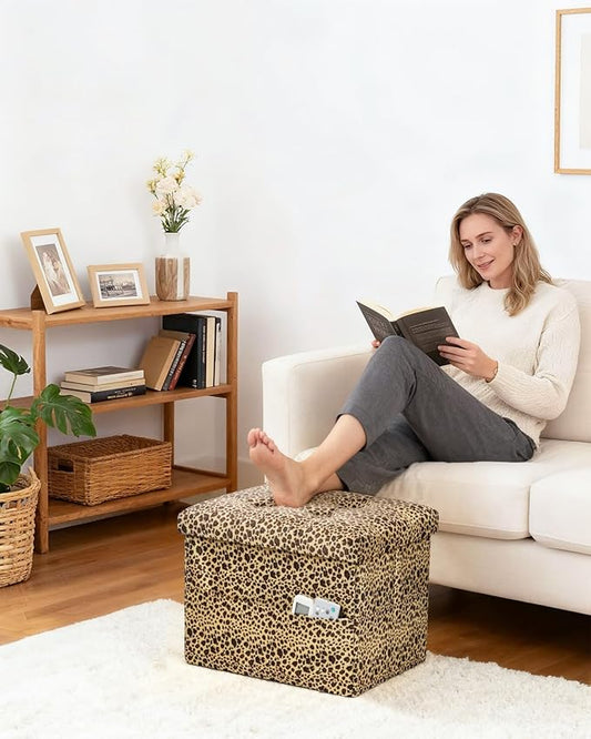 Storage Ottoman Foot Rest Stool, Small Velvet Storage Ottomans Bench, Folding Footstool with Side Pockets, Foot Rest Under Desk for Living Room Bedroom, 17x13x13 in, Leopard Print 2 Pack