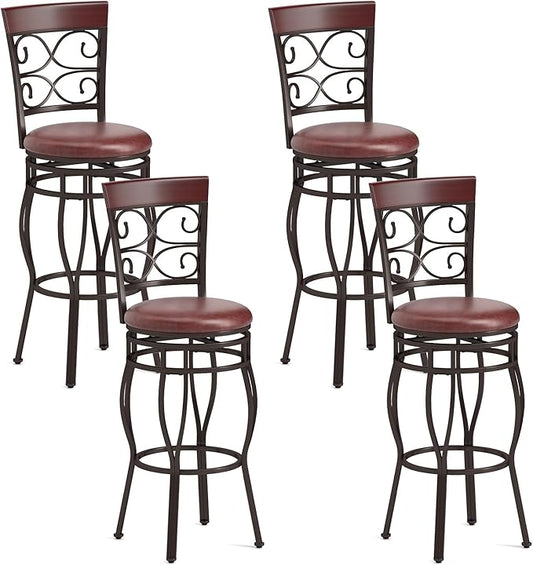 Giantex 30" Swivel Bar Stools Set of 4, Bar Height Bar Stools w/Back, Upholstered PU Leather Seat, Footrest, Max Load 330Lbs, Vintage Metal Barstools for Kitchen Island, Dining Room, Rustic Brown