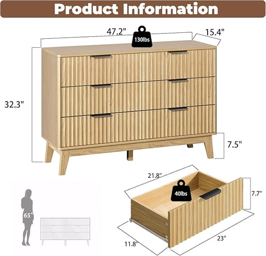 Modern 6 Drawer Dresser, Natural Oak, Fluted Wave Design, Rounded Corners, Mid Century Dresser TV Stand, 48" Wide Chest of Drawers for Bedroom and Living Room