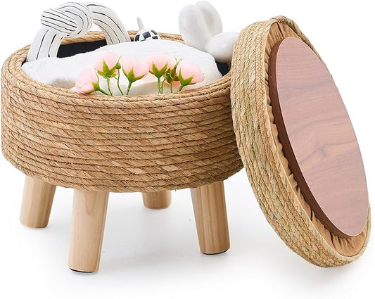 Cpintltr Storage Ottoman Poufs Handwoven Footstool Natural Seagrass Round Footrest Stool with 4 Wood Legs Soft Padded Outdoor Seat for Hallway Lounge Bedroom Garden