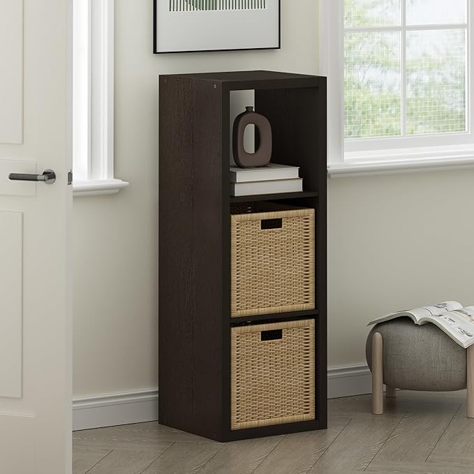 Furinno Cubicle Book Shelf, 3-Cube Thick Frame Bookshelf, Horizontally & Vertically Reversible Bookcase with Open Back, 14.6 x 15.9 x 44, for Living Room, Bedroom, Home Office, Black Dark Oak