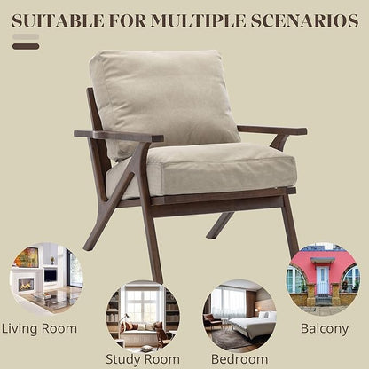 Wahson Mid Century Armchair, Accent Armchair, with Wood Frame and Canvas Cushions, Leisure Slipper Chair for Living Room/Bedroom, Beige