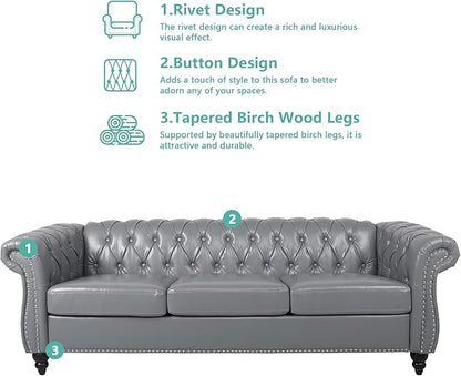 Faux Leather Sofa Couches Set, Modern Comfy Upholstered Couch with Cushions, Home Sofa Sectional Furniture Sets, 3-Piece Mid Century Tufted Chesterfield Couches for Living Room, Bedroom, Office
