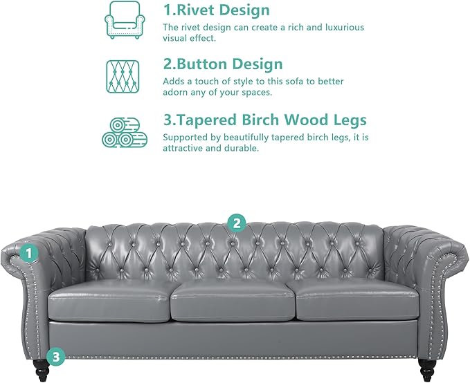 Home Sofa Living Room Furniture, 3 Seater Leather Upholstered Sofa Couch, Modern Comfy Couch with Faux Leather Cushions, Mid Century Tufted Chesterfield Sofas for Bedroom, Office, Apartment (Grey)